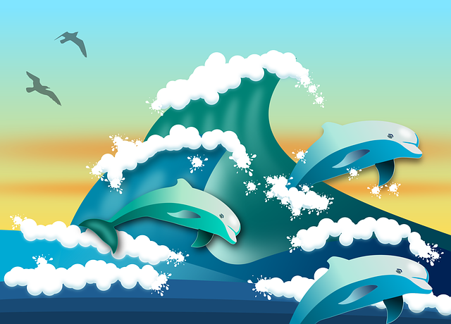 Cartoon dolphins and waves