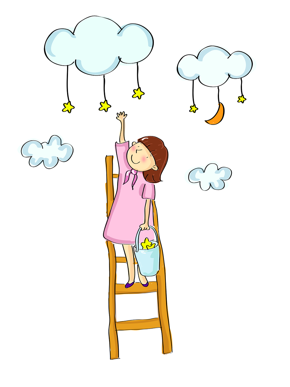 Cartoon girl up ladder, reaching for stars