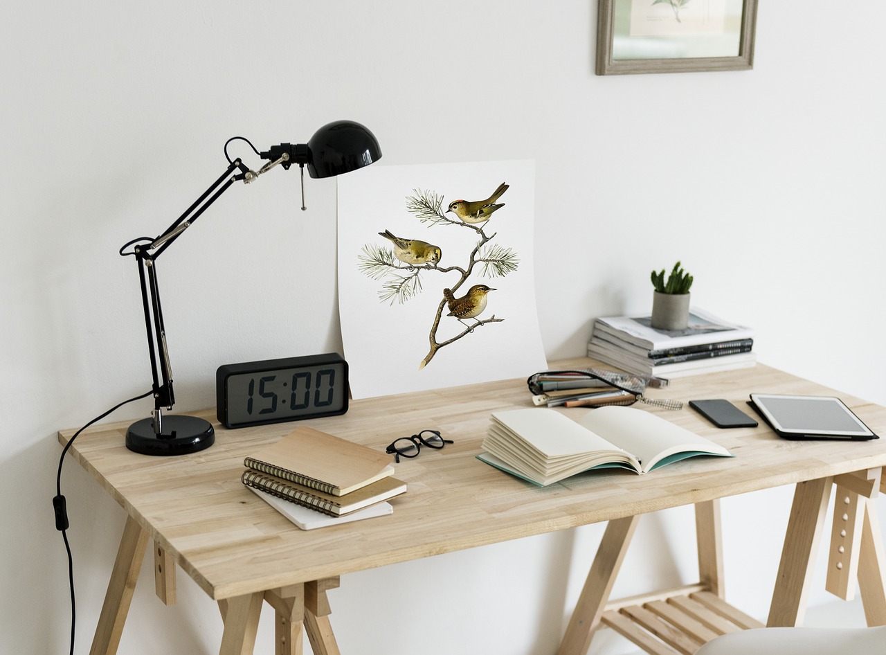 Desk with books, painting, lamp, radio ...