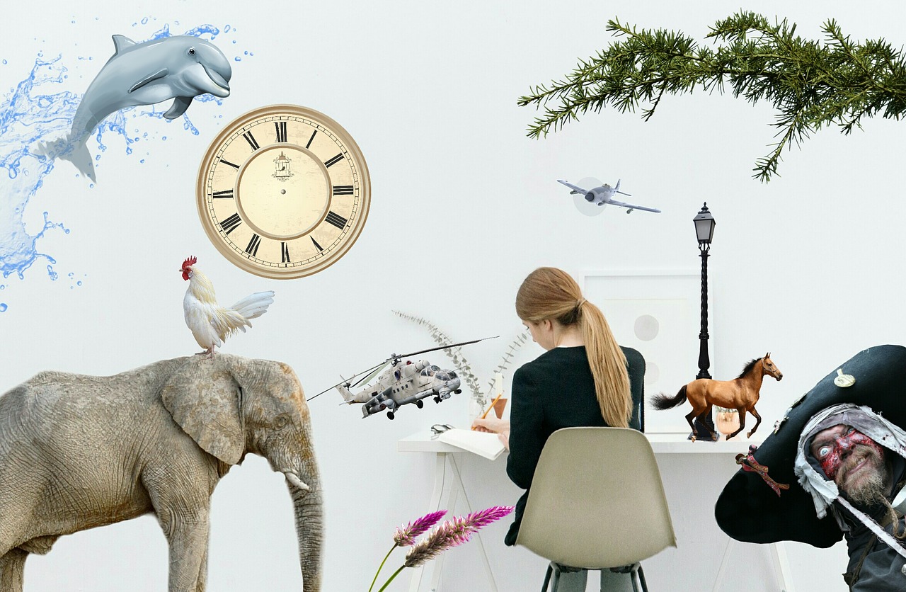 woman at desk surrounded by images from stories