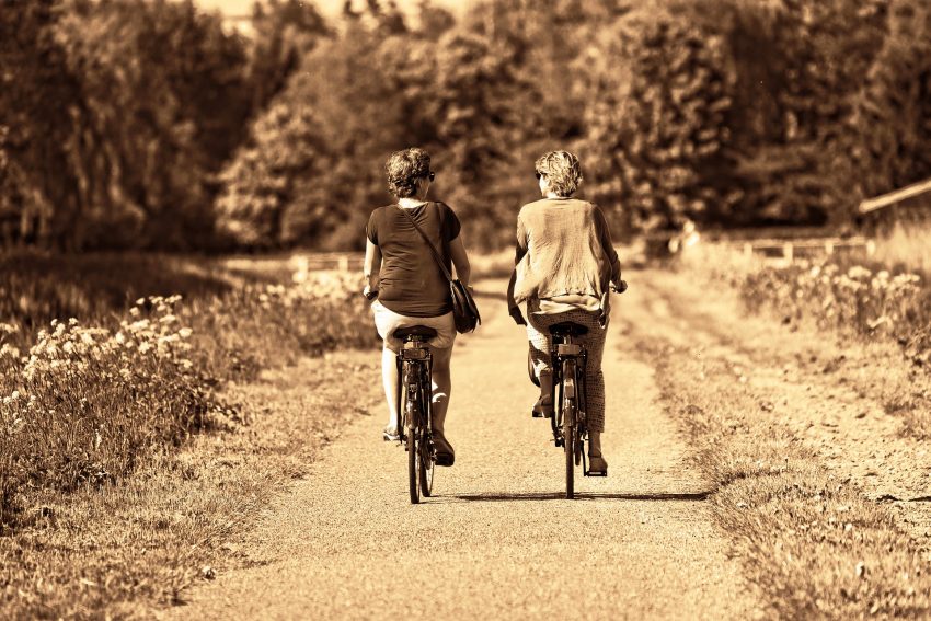 Two cyclists following a track