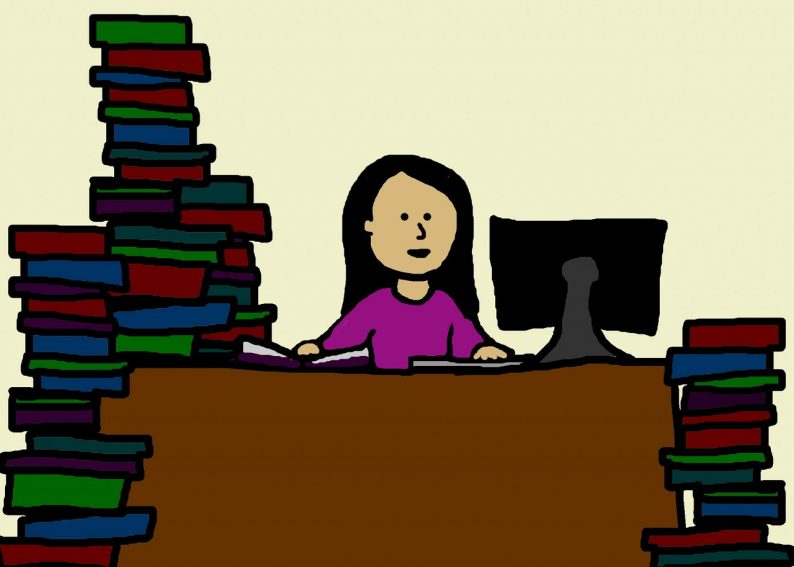 Cartoon woman at desk with piles of books